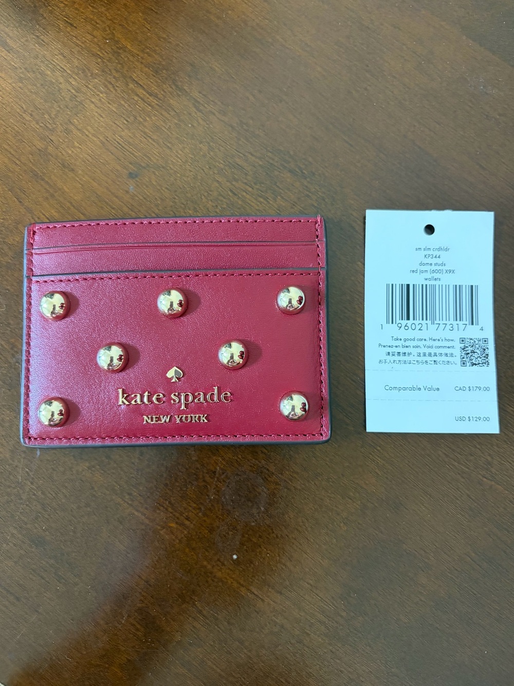 kate spade Red Leather Studded Small Slim Card Holder